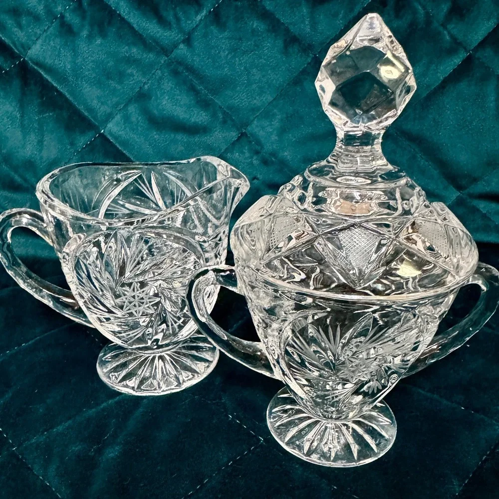 Vintage Cut Glass Creamer & Sugar Set w/ Lid Starburst‎ Pattern Pedestal Footed
